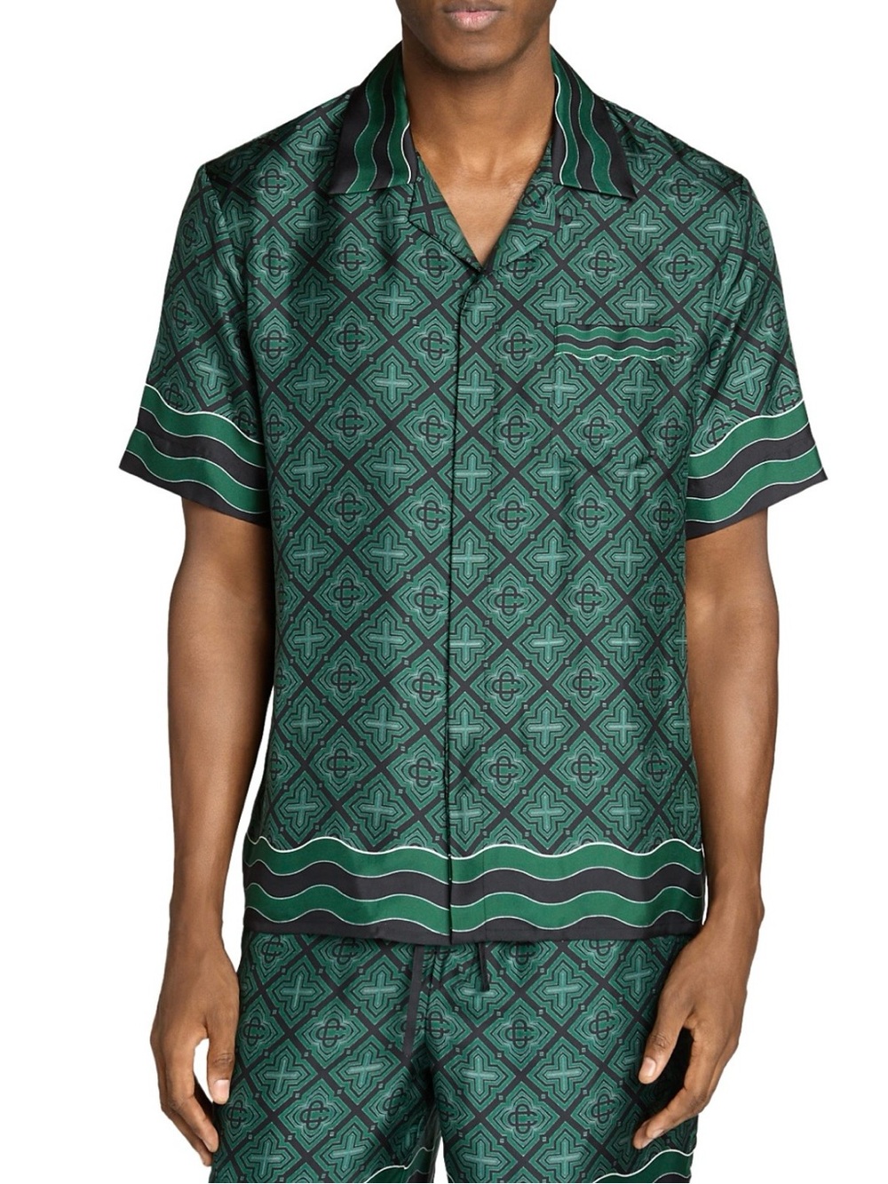 Men's Green Geometric Silk Short-Sleeve Button-Down Shirt XXL